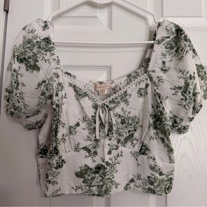 NWT Monteau White Green Floral Puff Sleeve Cropped Blouse Tie Lace Trim XL